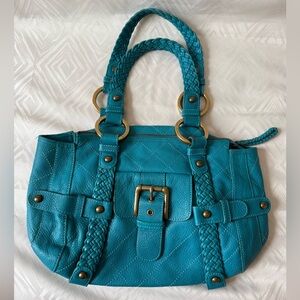 Large Isabella Fiore Teal Braided Handle Women's Bag Purse Heavy Leather